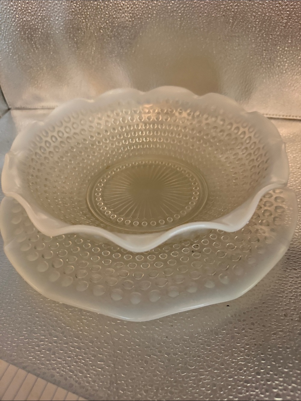 Vintage Moonstone Fenton Hobnail Ruffled Edge Serving Bowl with Platter
